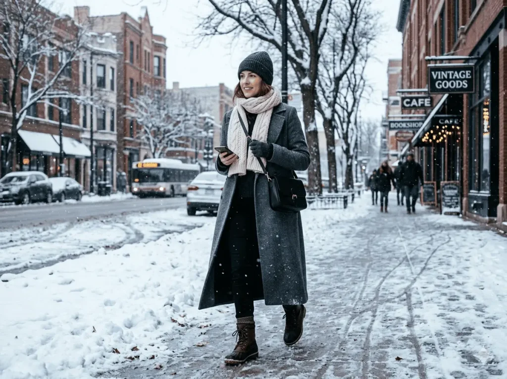 Long Wool Coat with Cream Scarf and Ankle Boots Long Wool Coat with Cream Scarf and Ankle Boots — Chicago Winter Outfits