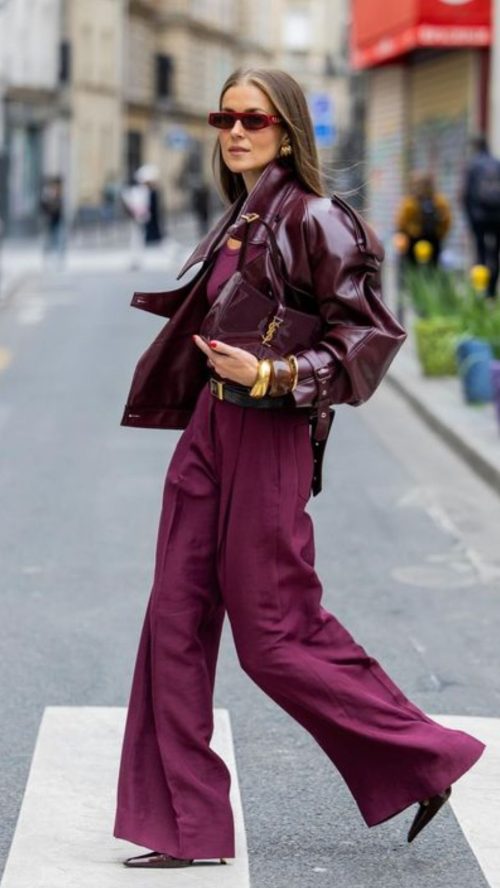 Oversized Burgundy Leather Jacket with Linen Trousers Oversized Burgundy Leather Jacket with Linen Trousers — Burgundy Outfits