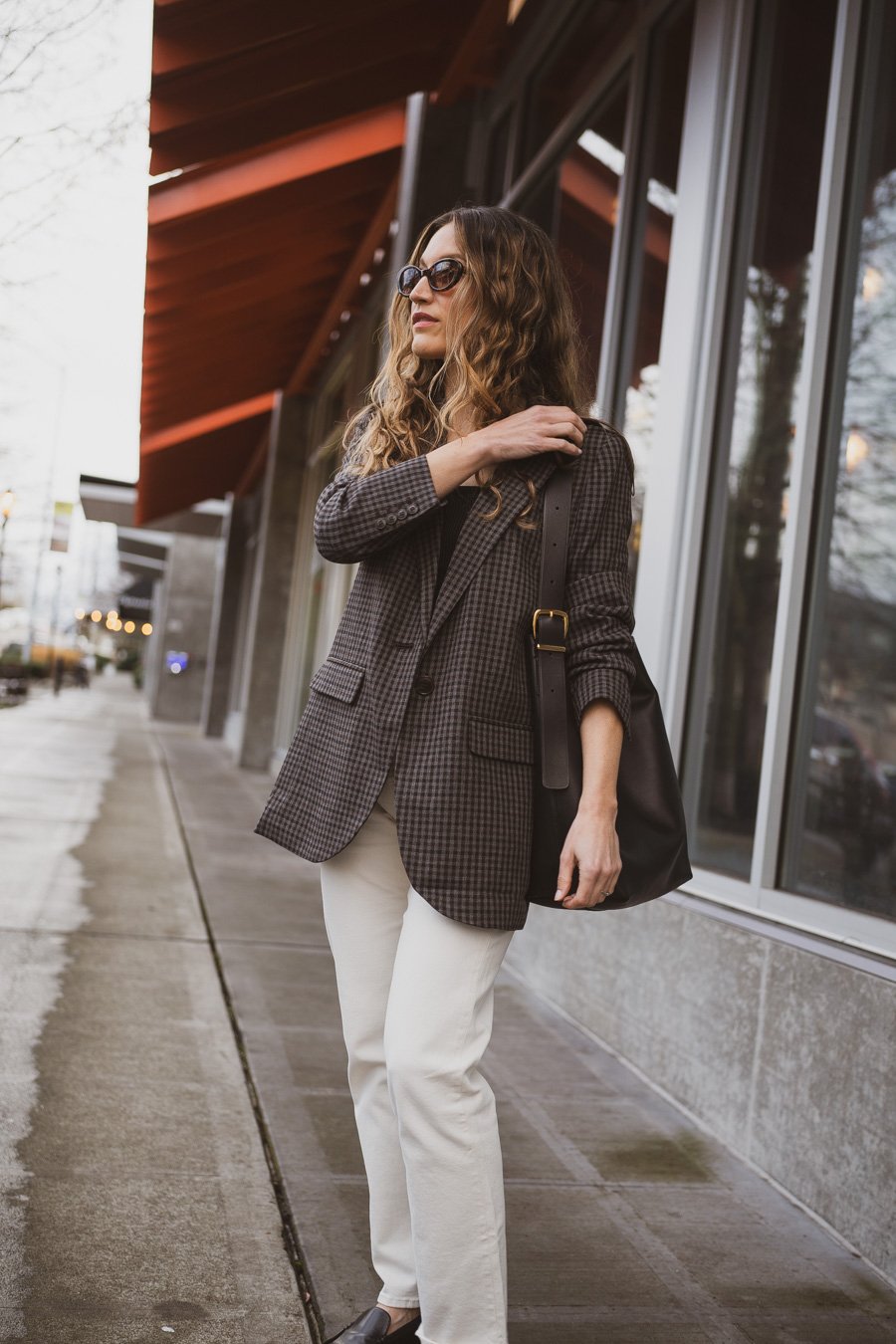 White Jeans with Grey and Black Checked Blazer — Winter White Outfits