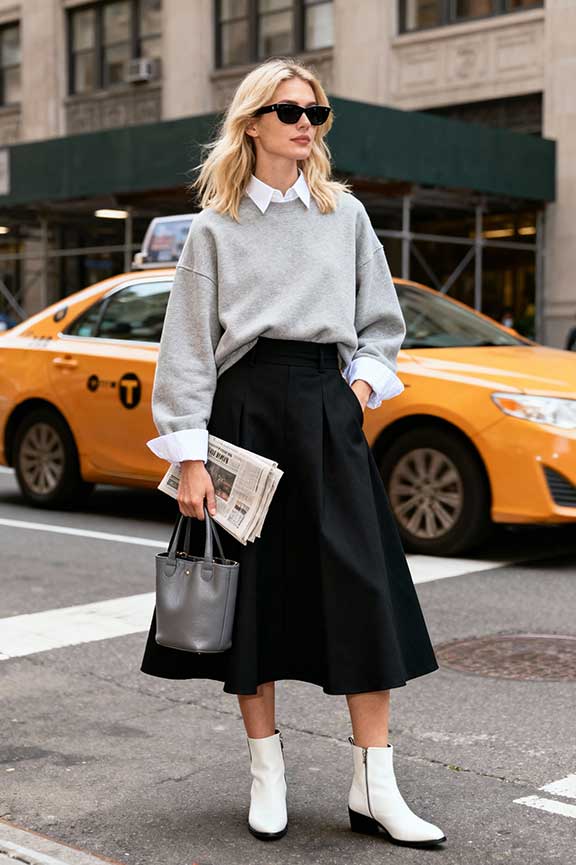Black Midi Skirt with Grey Sweatshirt and White Ankle Boots — Winter Skirt Outfits