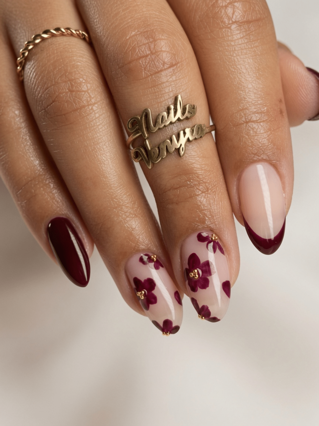 Glossy Burgundy Floral French Tips Glossy Burgundy Floral French Tips — Burgundy Nails