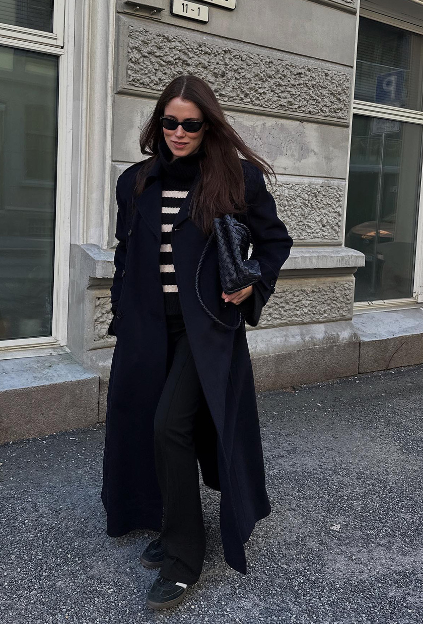 Striped Turtleneck with Navy Trench Coat and Wide-Leg Pants — Turtleneck Outfits