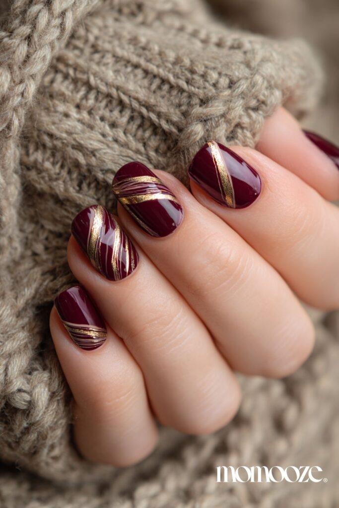 Burgundy Gold Stripe Squoval Burgundy Gold Stripe Squoval — short nail designs