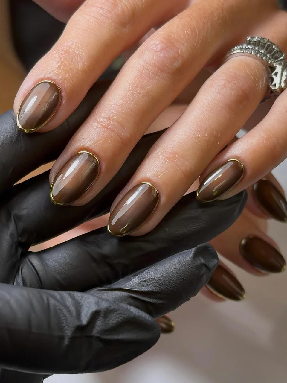 Jelly Brown with Gold Cuticle Trim Jelly Brown with Gold Cuticle Trim — Fall to Winter Nails