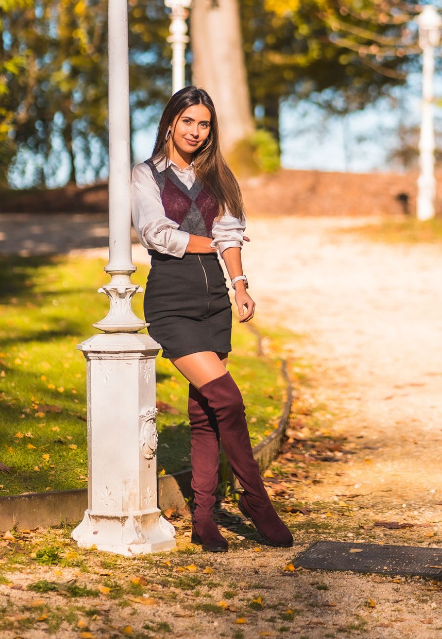 Preppy Vibes: Argyle Vest, Mini Skirt, and Burgundy Over-the-Knee Boots — Knee High Boots Outfits