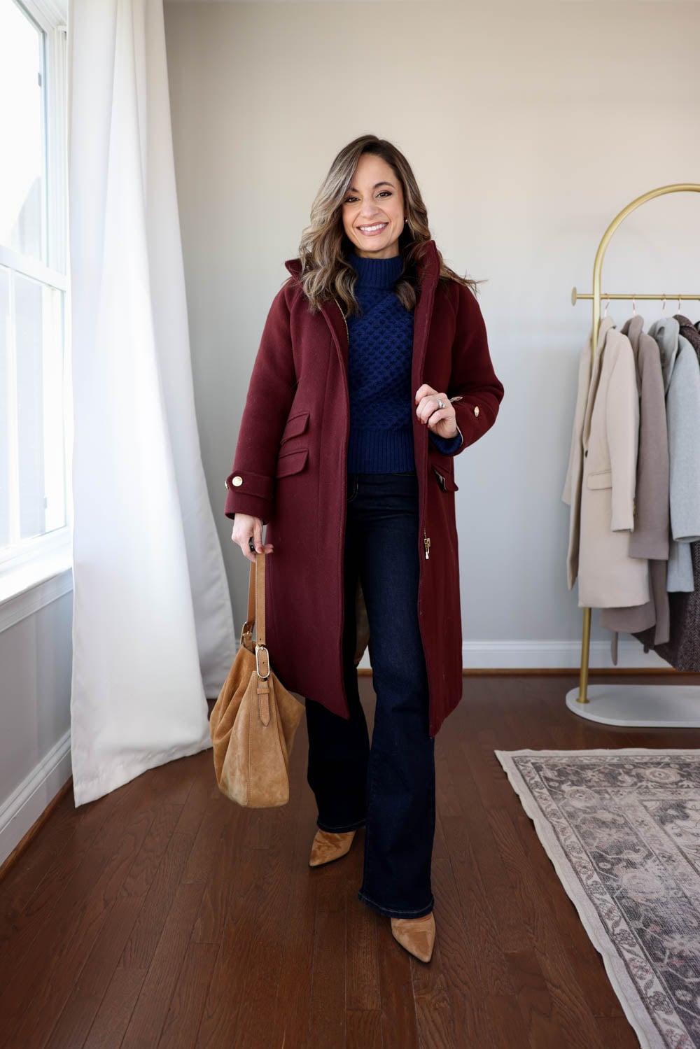 Deep Red Wool Coat Over Navy Turtleneck and Flares Deep Red Wool Coat Over Navy Turtleneck and Flares — Casual Winter Outfits