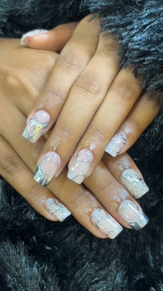 Nude with Silver Chrome Swirls Nude with Silver Chrome Swirls — chrome nail designs