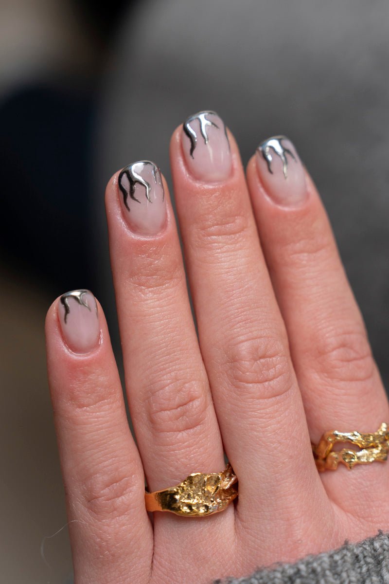 Short Natural French Tip Flames Short Natural French Tip Flames — Silver Chrome Nails