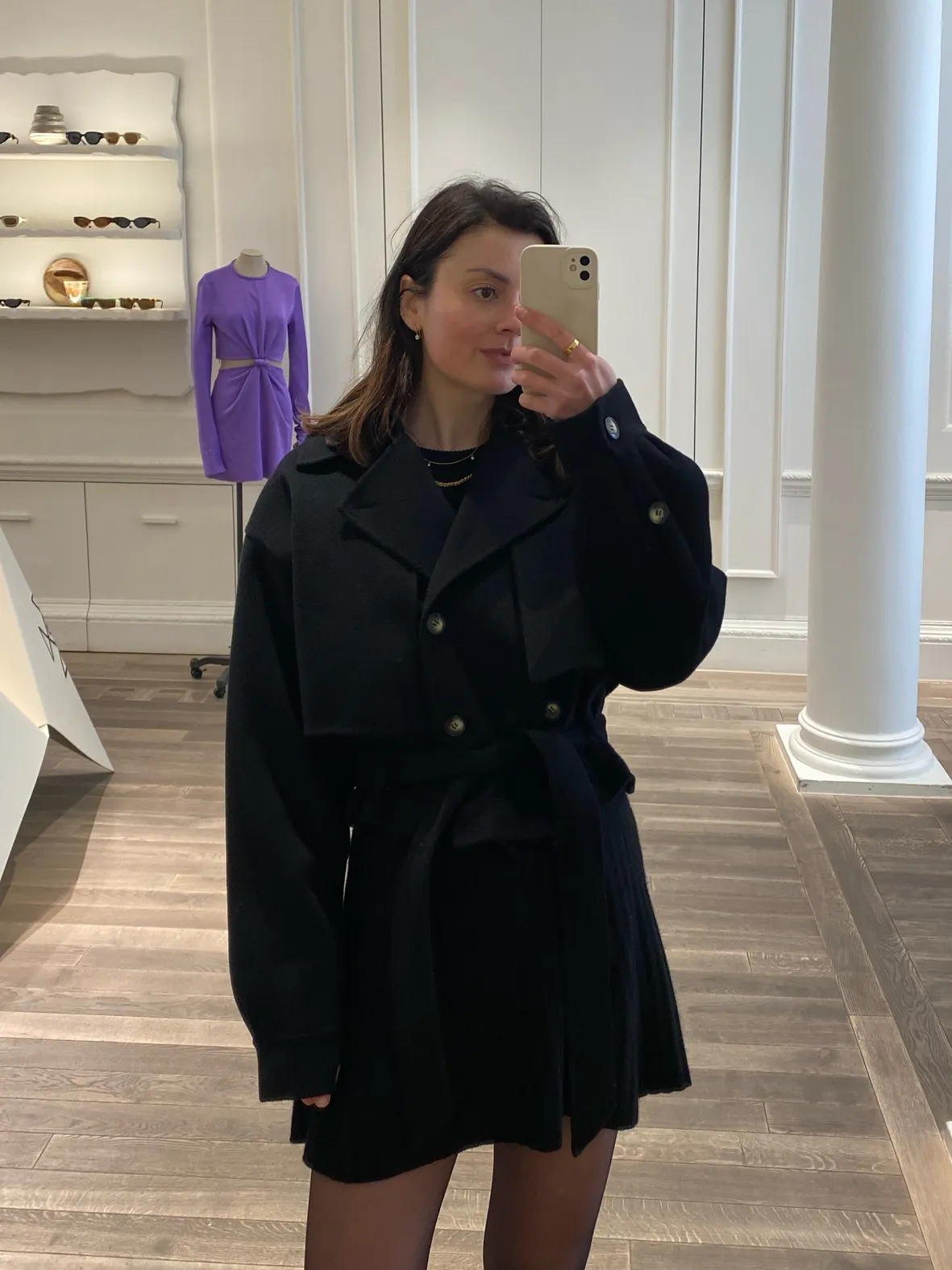 Oversized Coat Over Fitted Knit Dress — Black Coat Outfits