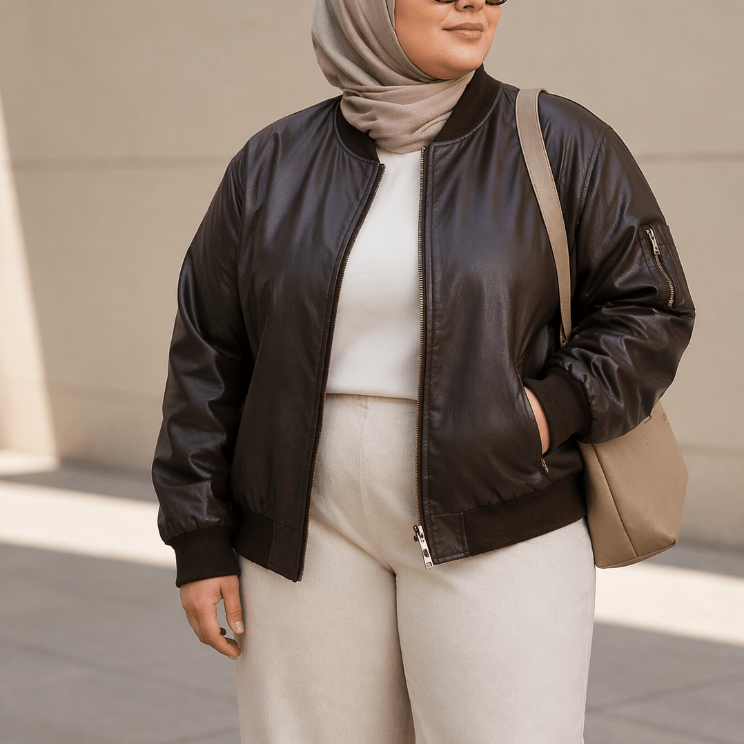 Stylish Brown Leather Bomber Jacket with Culottes Stylish Brown Leather Bomber Jacket with Culottes — Winter Outfits for Plus Size Women