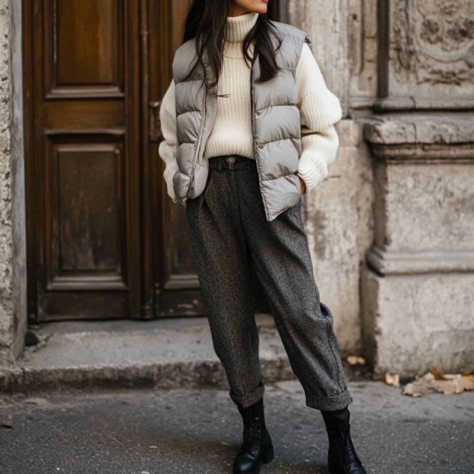 Grey Puffer Vest with Cream Turtleneck and Tweed Trousers — Puffer Vest Outfits
