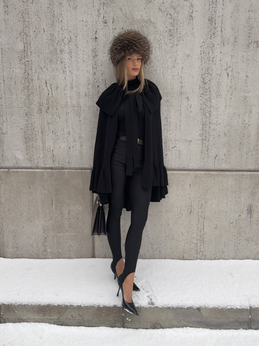 Dramatic Black Cape Over Turtleneck and Trousers Dramatic Black Cape Over Turtleneck and Trousers — Winter Date Night Outfits