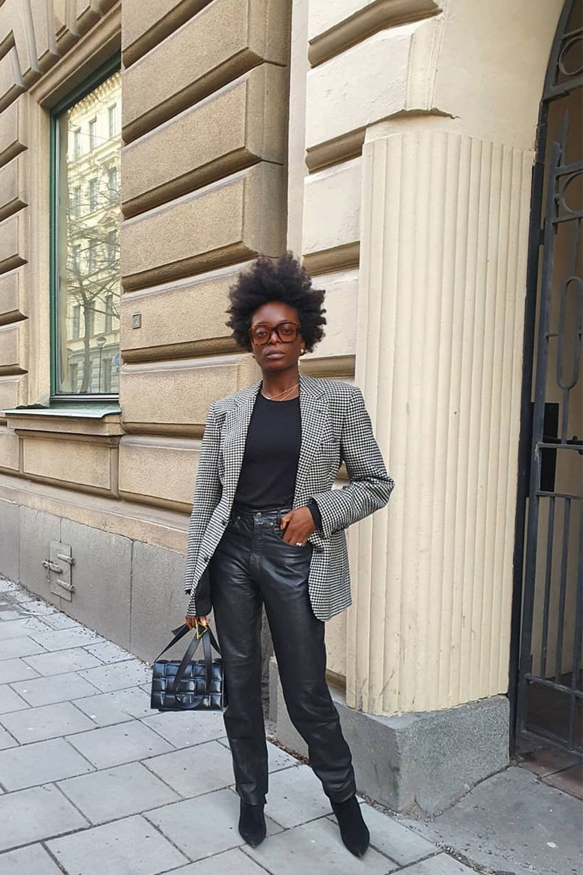 Smart Casual: Black Leather Trousers with Houndstooth Blazer — Black Boots Outfits