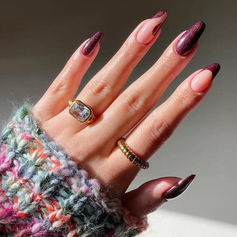 Sheer Nude Burgundy Glitter French Sheer Nude Burgundy Glitter French — Dark Winter Nails