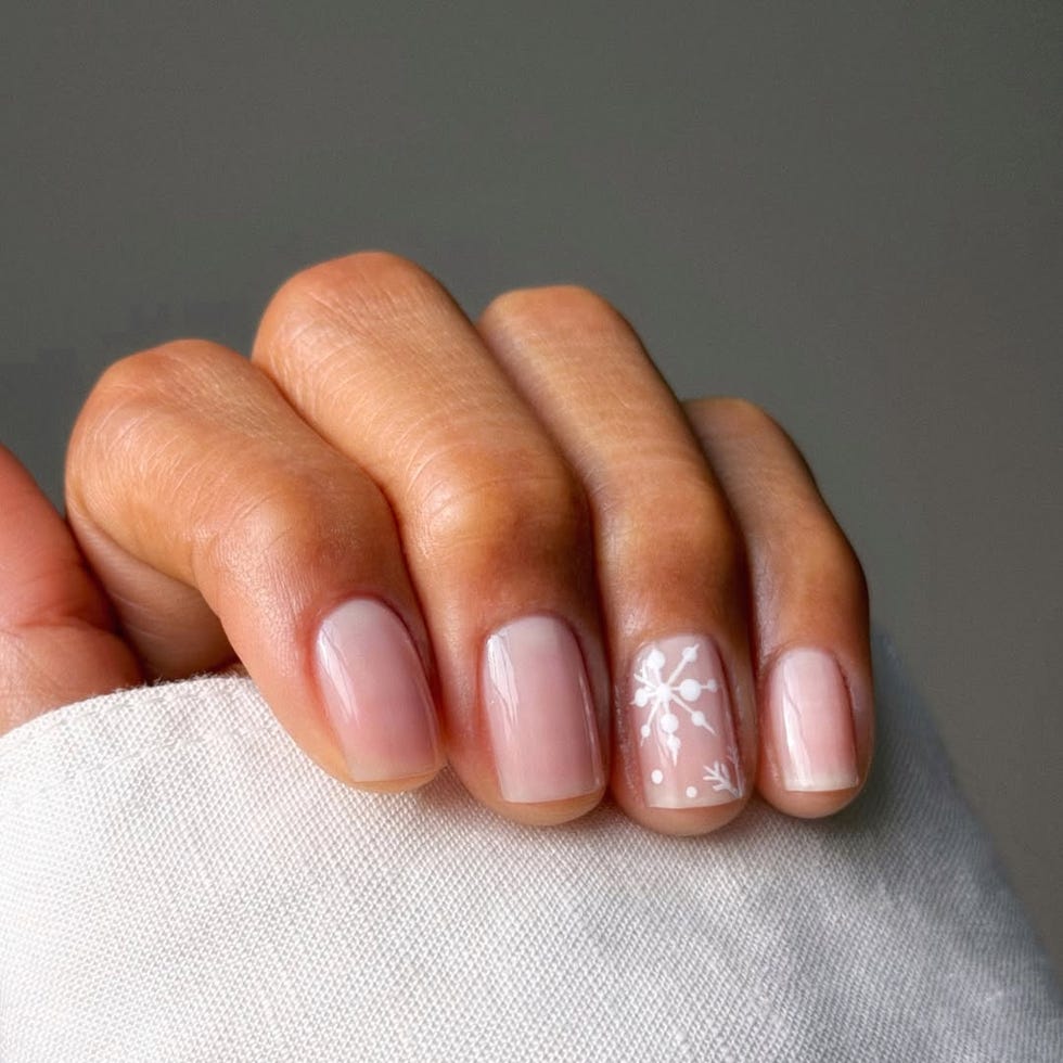 Short Square Milky Pink Snowflake Nails Short Square Milky Pink Snowflake Nails — Winter Nail Colors for Women Over 60