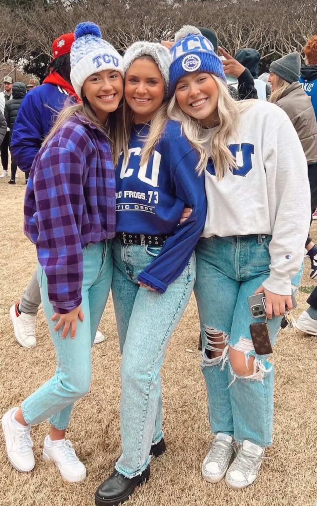 Mix of Plaid, Sweaters, and Team Spirit Wear for Cooler Days Cold Weather Game Day Outfits