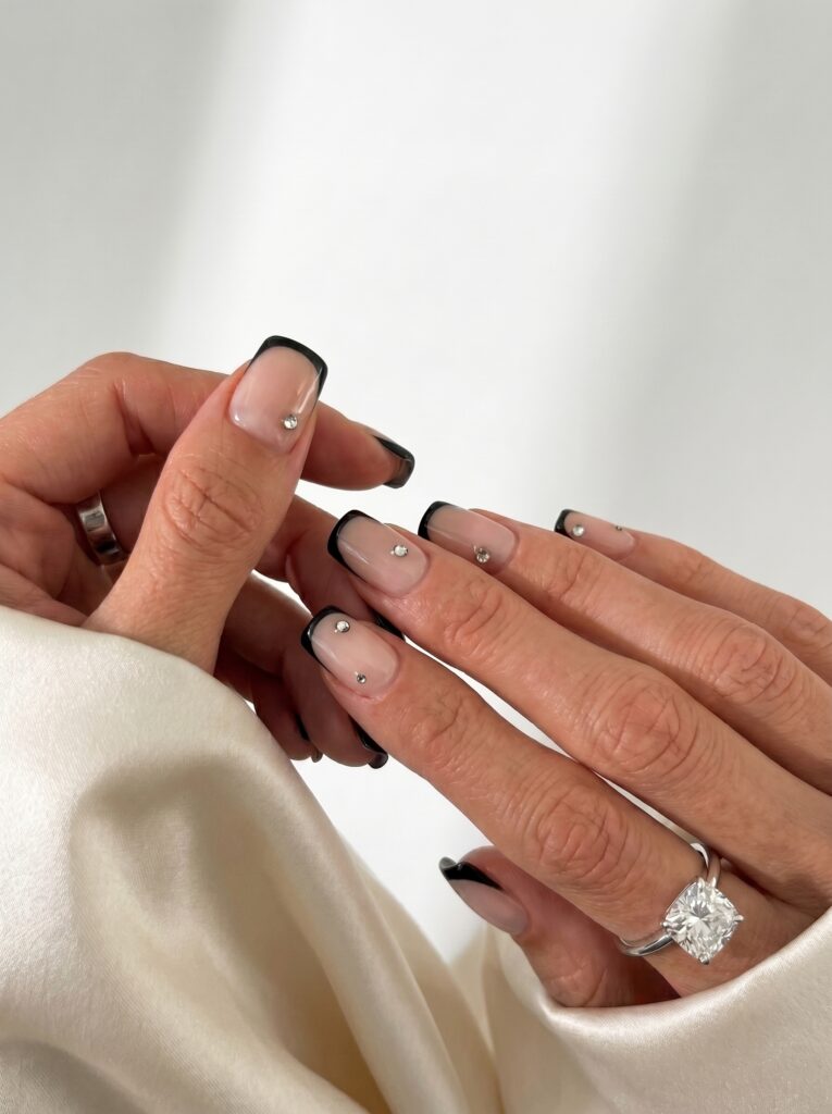 Thick Black French Tips with Rhinestones Thick Black French Tips with Rhinestones — french nail designs