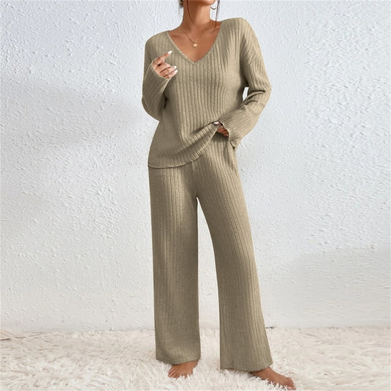 Neutral Beige Ribbed Knit Pullover and Wide-Leg Pants — Knit Set Outfits