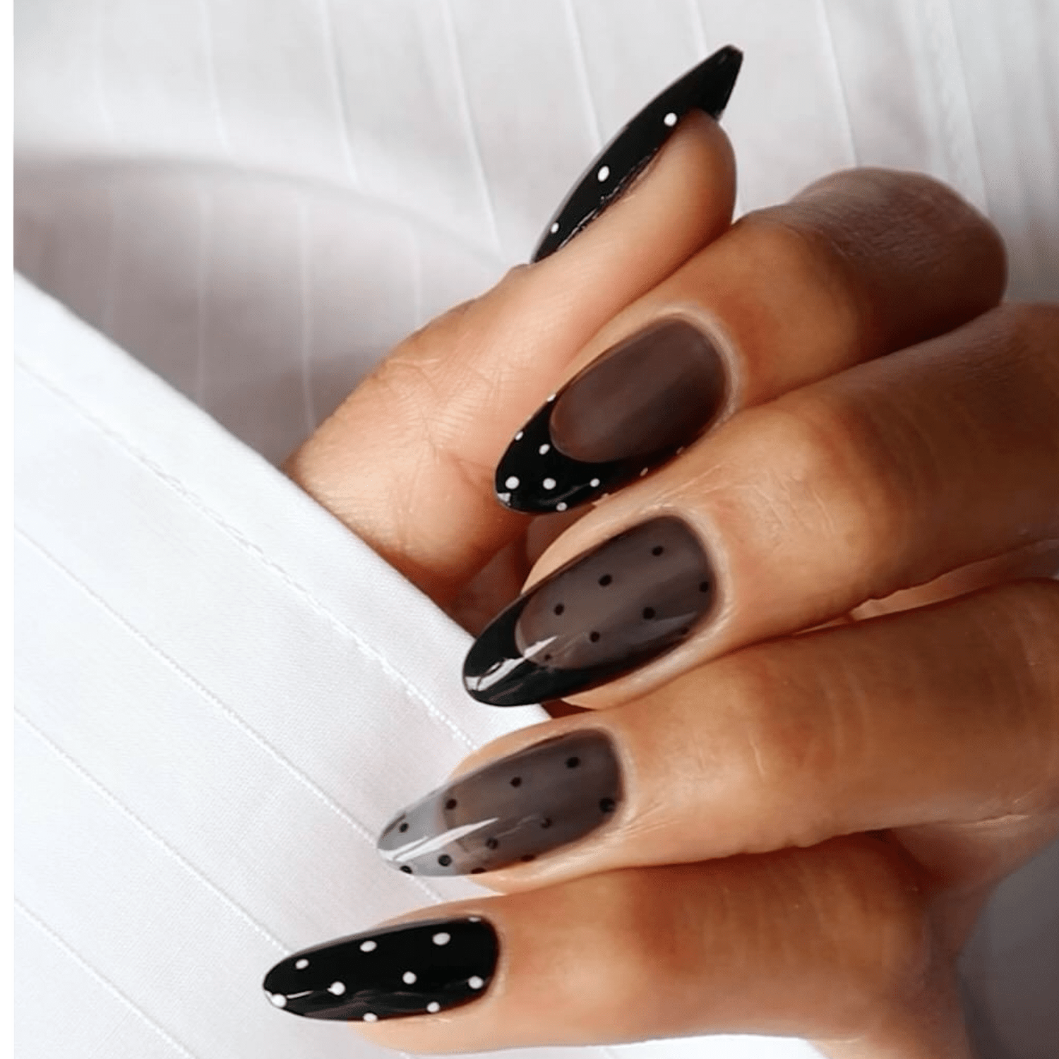 Glossy Black French with Sheer Dots Glossy Black French with Sheer Dots — Dark Winter Nails