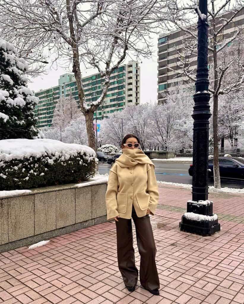 Cream Jacket and Trousers with Oversized Scarf — Korean Winter Outfits