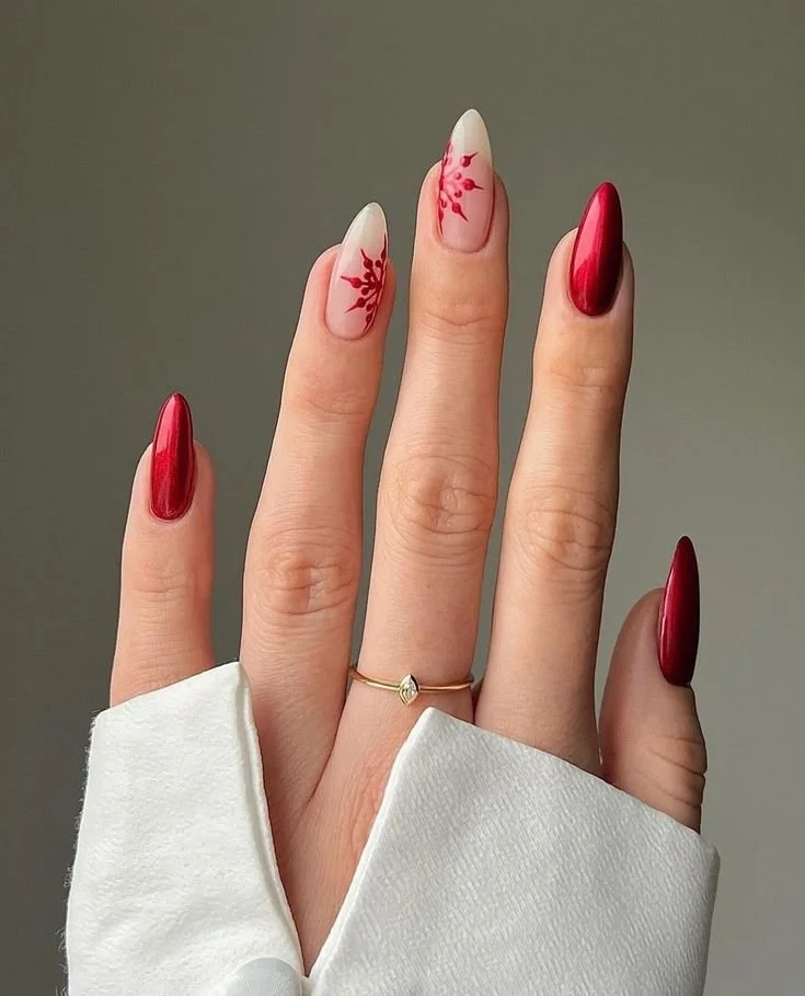 Metallic Red Snowflake French Almonds Metallic Red Snowflake French Almonds — almond nail designs