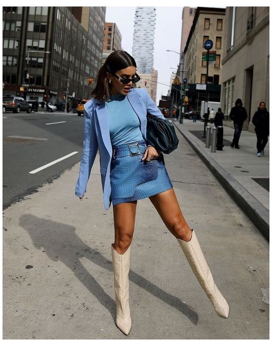Monochromatic Blue: Fitted Set with Oversized Blazer and Cream Boots — Knee High Boots Outfits