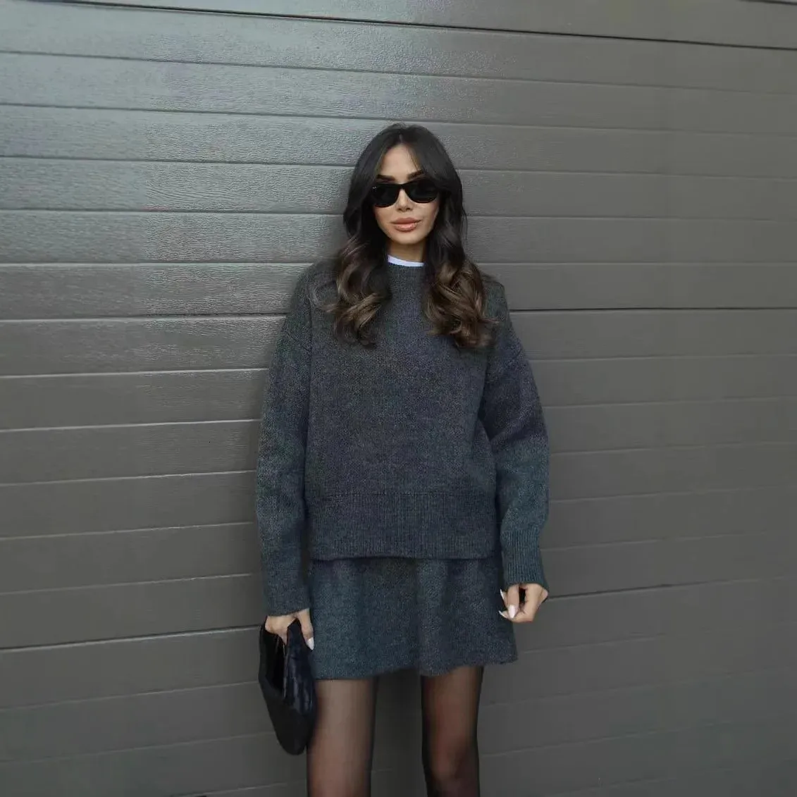 Matching Charcoal Knit Set — Preppy Winter Outfits