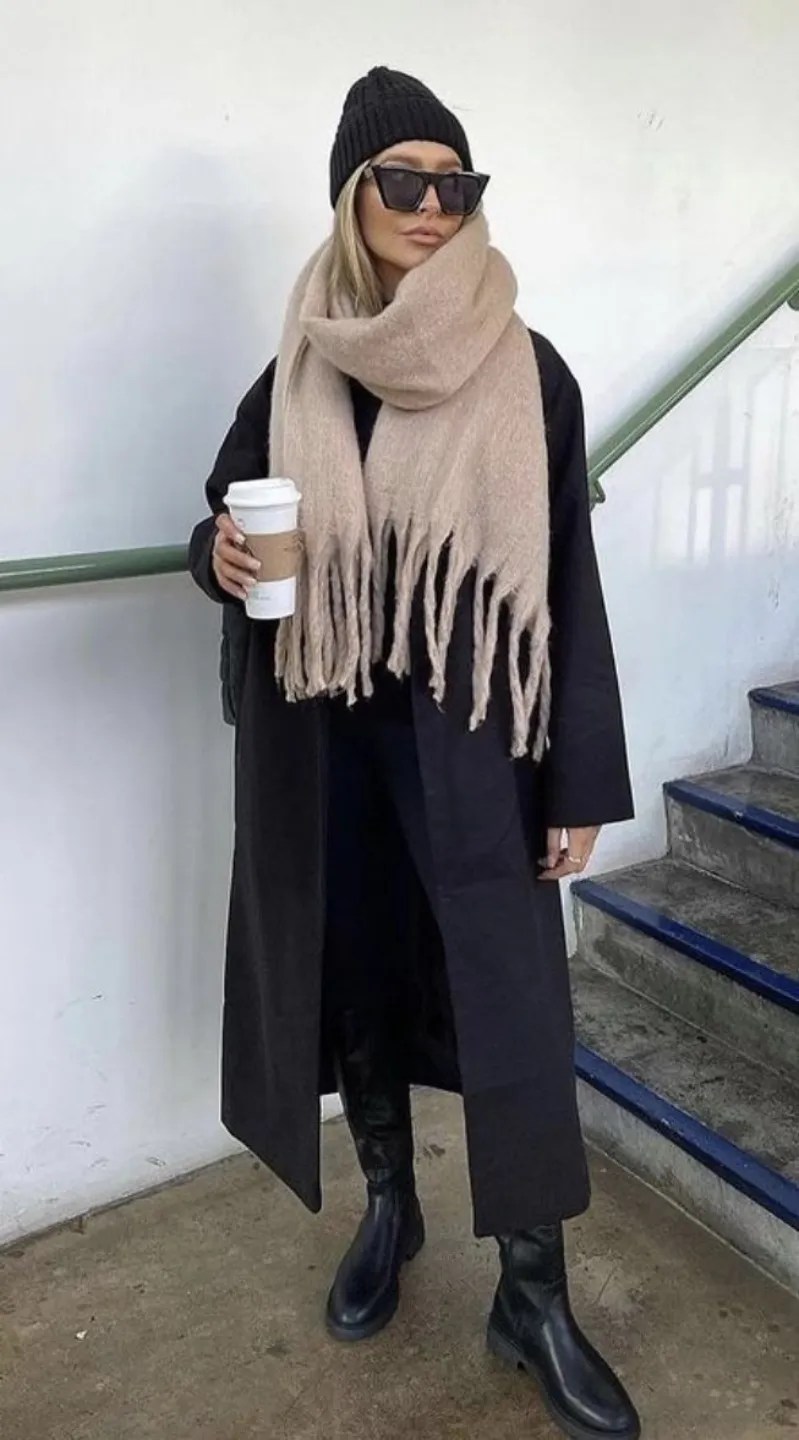 Oversized Beige Scarf with Long Black Coat and Beanie — NYC Winter Outfits