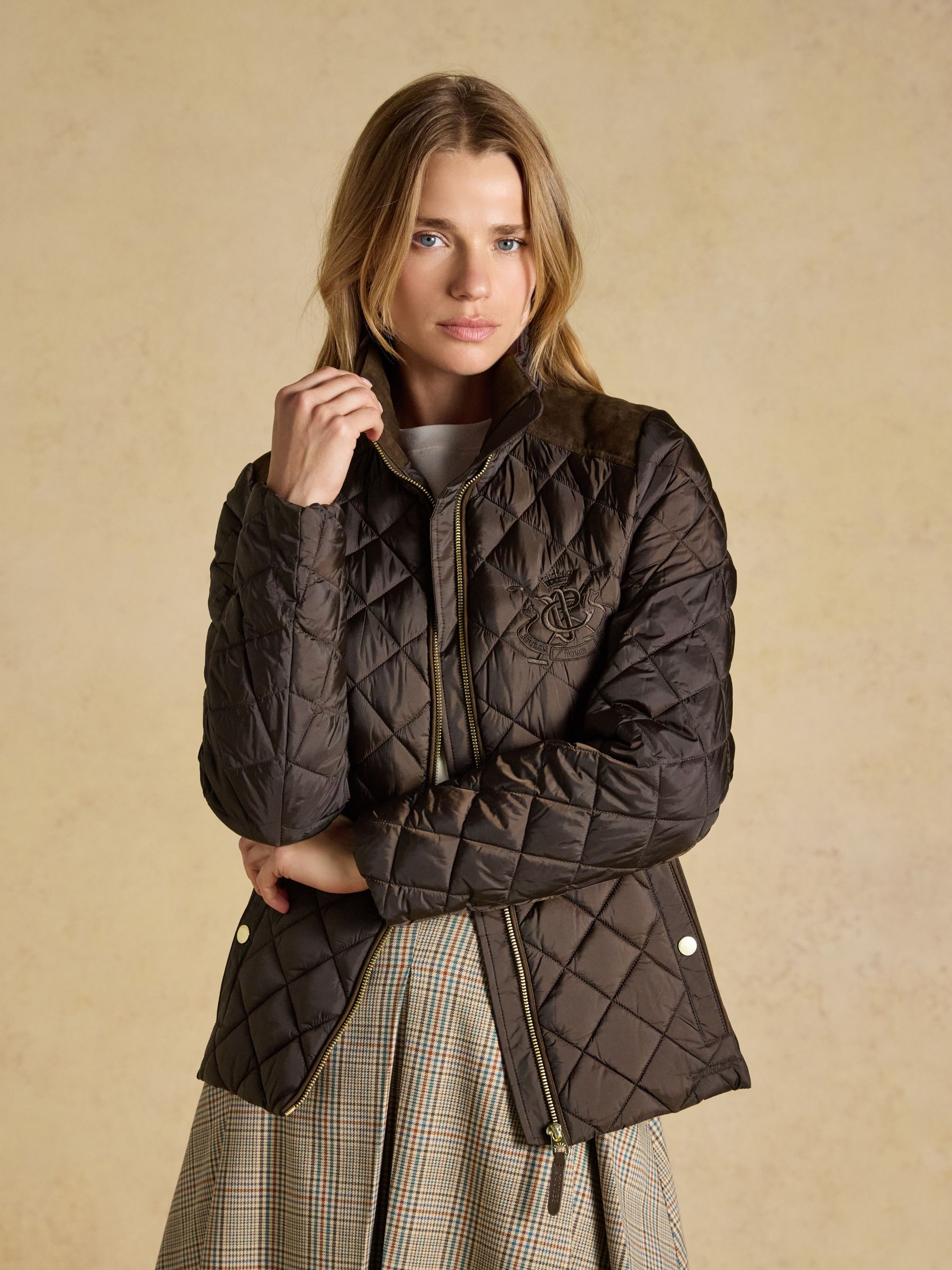 Fitted Brown Quilted Jacket with Plaid Skirt — Winter Coats for Women