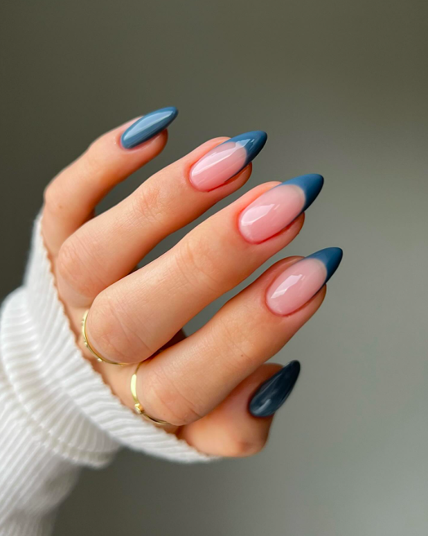 Sheer Pink Dark Teal French Tip Almond Nails Sheer Pink Dark Teal French Tip Almond Nails — Winter Almond Nails