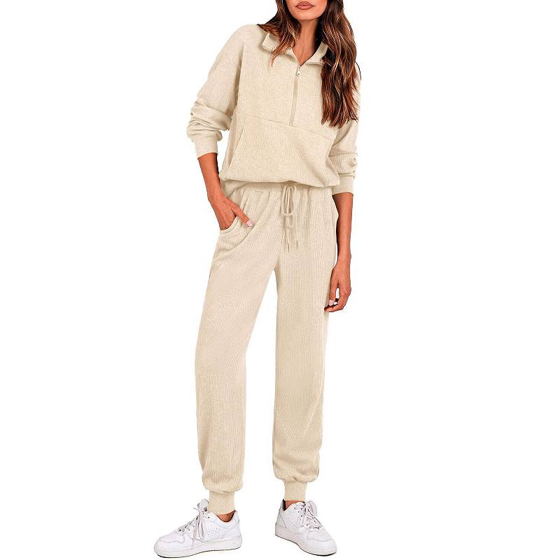 Cream Ribbed Knit Half-Zip Sweatshirt and Joggers — Knit Set Outfits