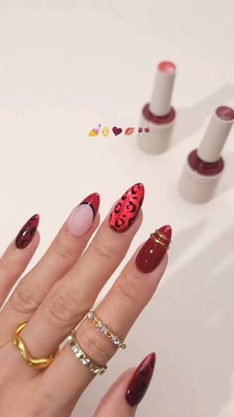 Deep Red Almonds with Leopard and Wire Wrap Deep Red Almonds with Leopard and Wire Wrap — almond nail inspo