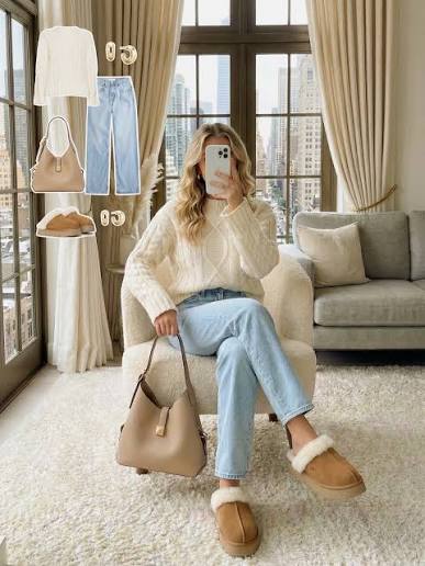Cream Cable Knit Sweater with Light Blue Jeans and Tan Mules Cream Cable Knit Sweater with Light Blue Jeans and Tan Mules — Comfy Winter Outfits