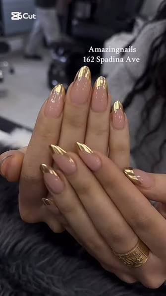 Sheer Pink Almond with Metallic Gold French Tips — trendy almond nail designs
