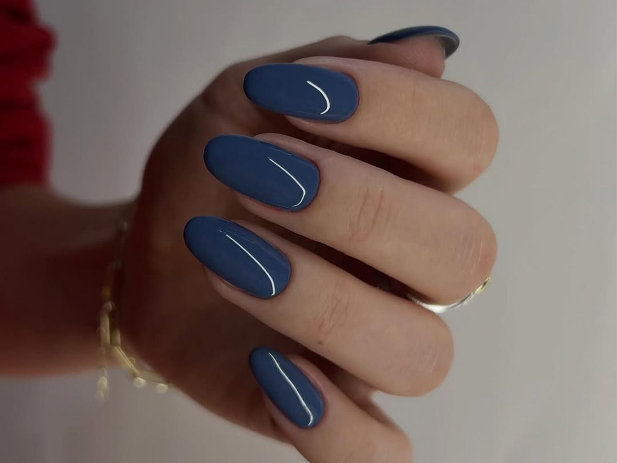 Deep Dusty Blue Glossy Almonds Deep Dusty Blue Glossy Almonds — Winter Formal Nails