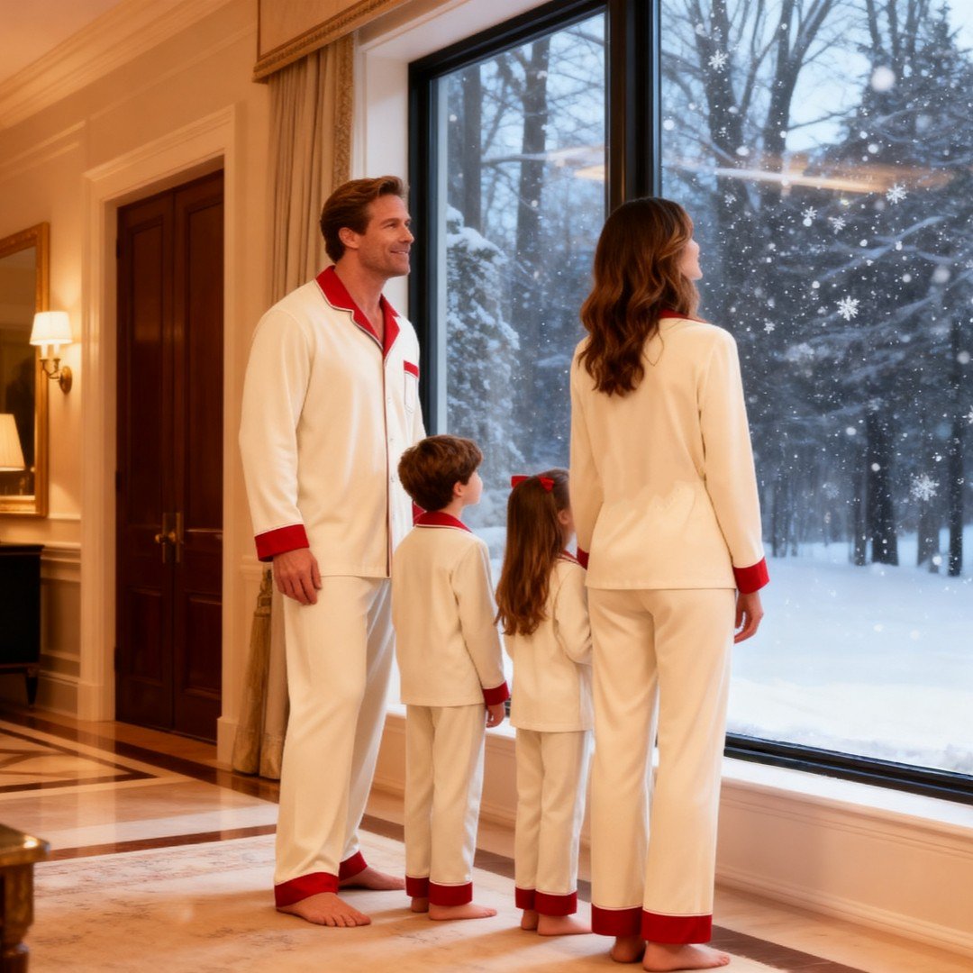 Coordinated Cream and Red Satin Pajamas for a Cozy Winter Scene Coordinated Cream and Red Satin Pajamas for a Cozy Winter Scene — Winter Family Photo Outfits