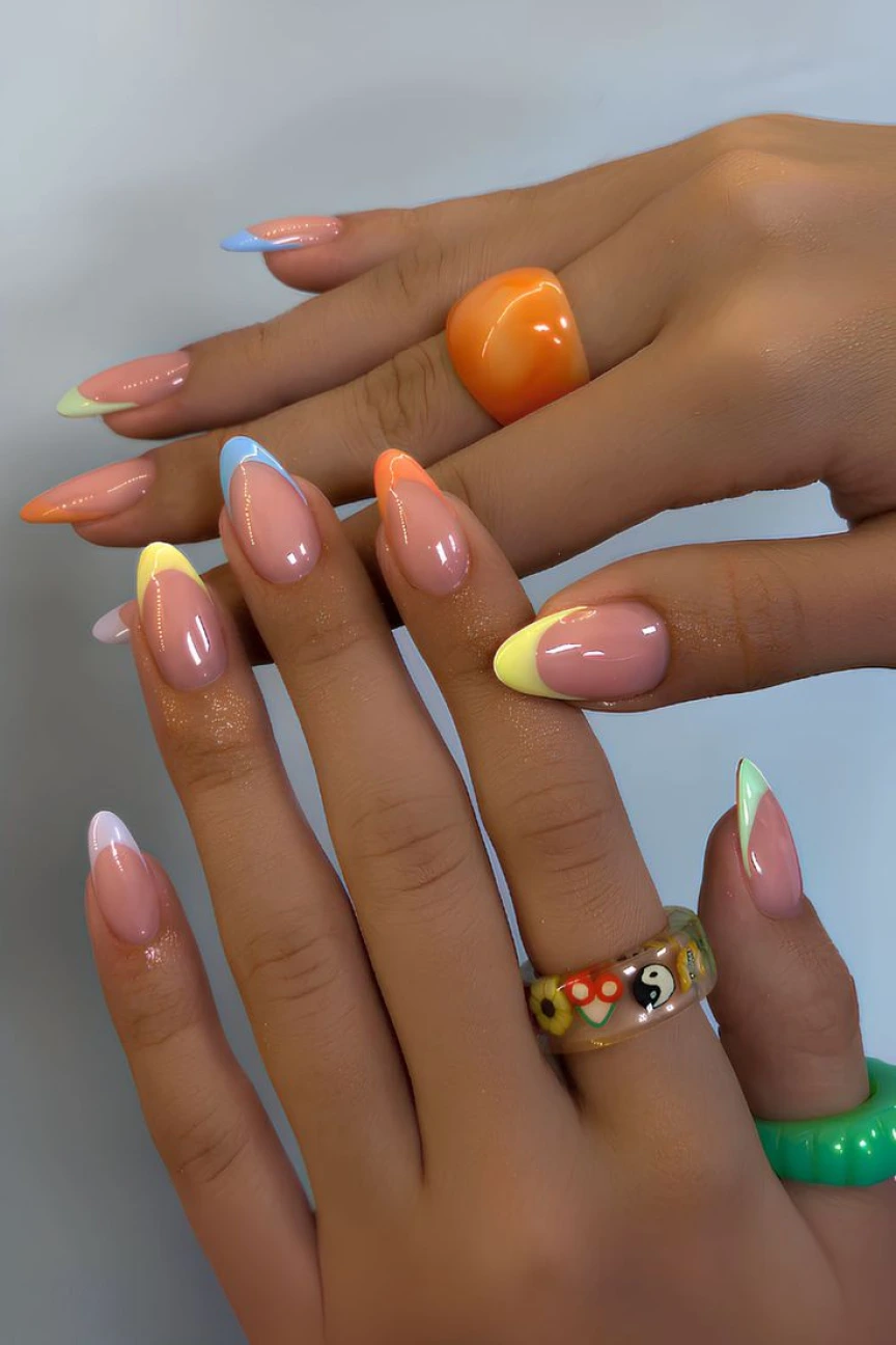 Pastel Multi-Color French Tips Pastel Multi-Color French Tips — Winter to Spring Transition Nails