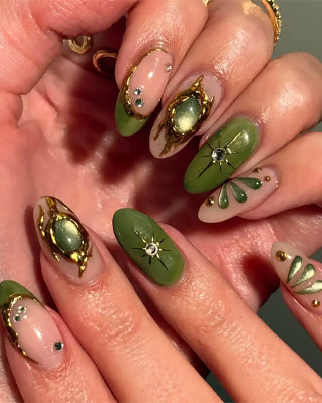 Olive Green with Ornate Gold Frames and Gems Olive Green with Ornate Gold Frames and Gems — green nail designs