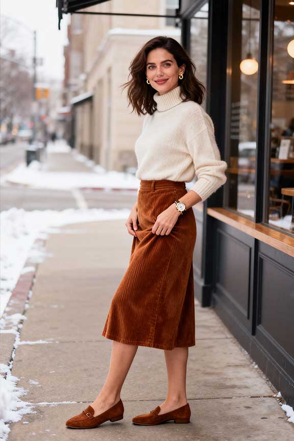 Ribbed Turtleneck with Corduroy Midi Skirt Ribbed Turtleneck with Corduroy Midi Skirt — Old Money Winter Outfits