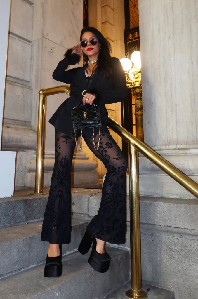 Sheer Patterned Trousers for Dramatic Evening Wear All Black Winter Outfits