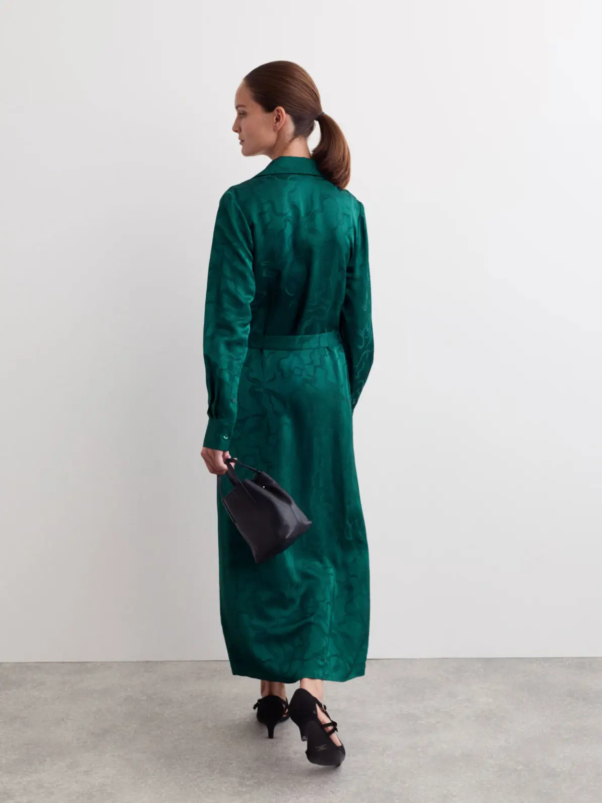 Embossed Emerald Green Satin Shirt Dress with Belted Waist Embossed Emerald Green Satin Shirt Dress with Belted Waist — Winter Wedding Guest Outfits