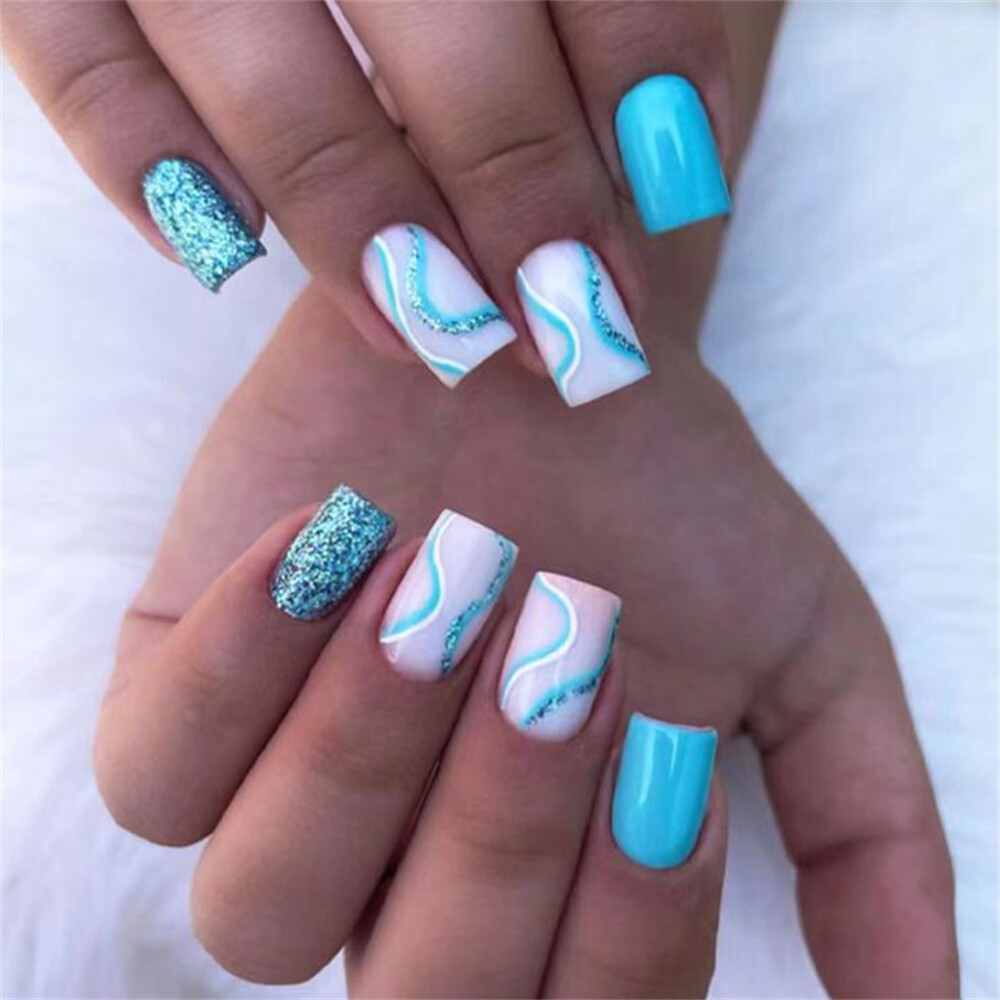 Vibrant Blue Wavy Line Short Square Nails Vibrant Blue Wavy Line Short Square Nails — Winter Square Nails