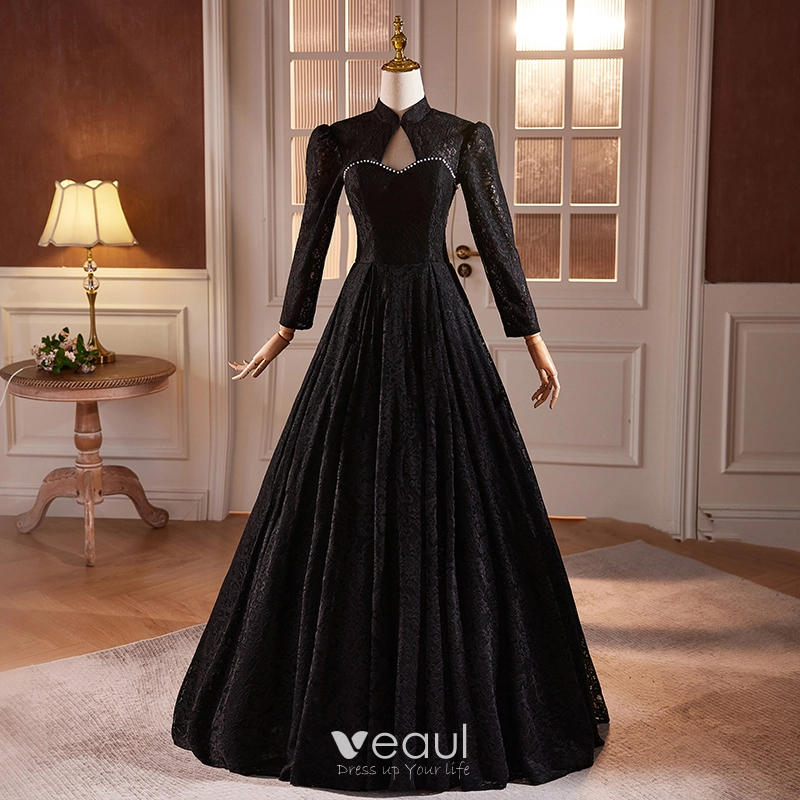 Black Lace High Neck Gown with Bolero Overlay Black Lace High Neck Gown with Bolero Overlay — Winter Formal Dresses