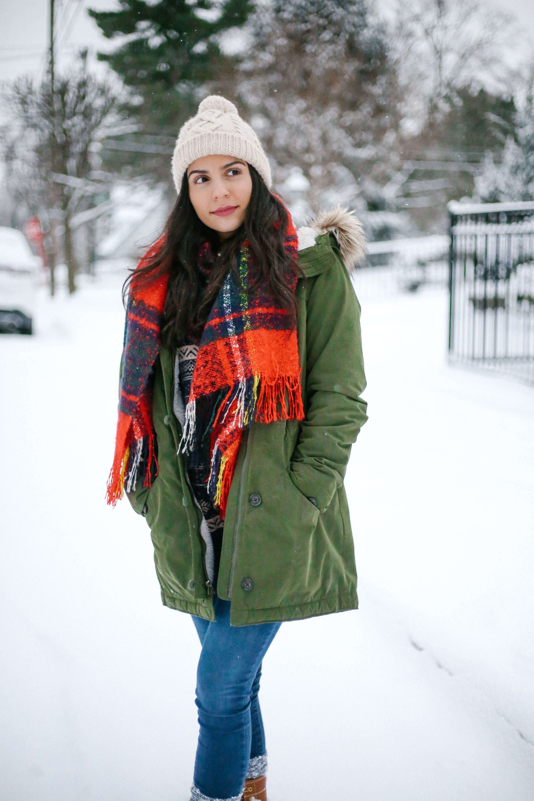 Green Parka and Plaid Scarf for a Classic Snow Day — Snow Day Outfits