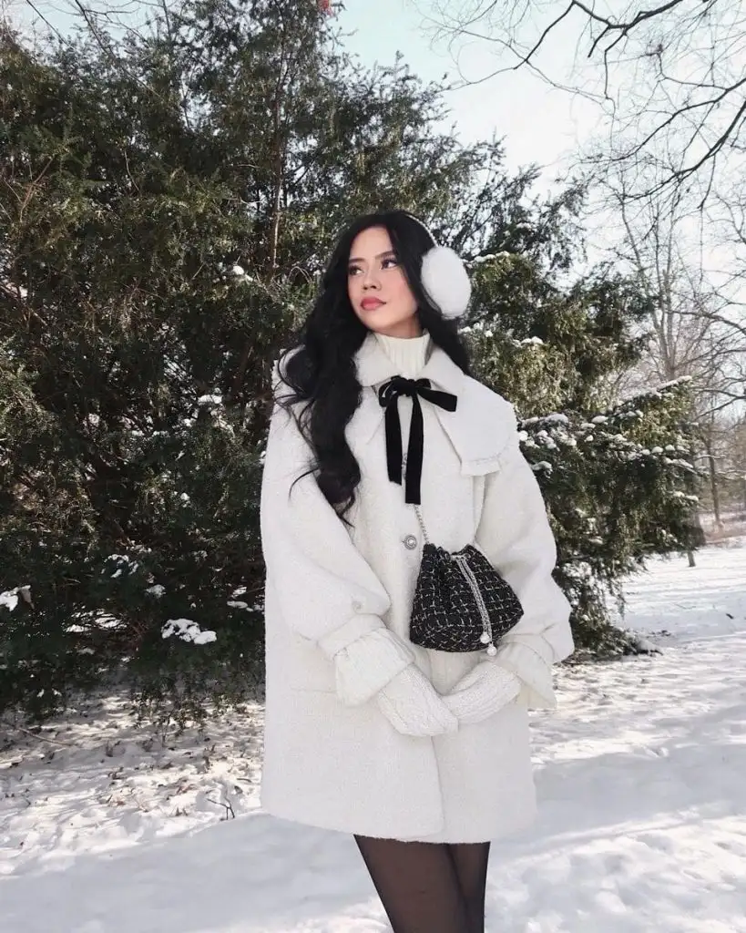 White Bouclé Coat with Black Bow Turtleneck and Mittens — Winter White Outfits