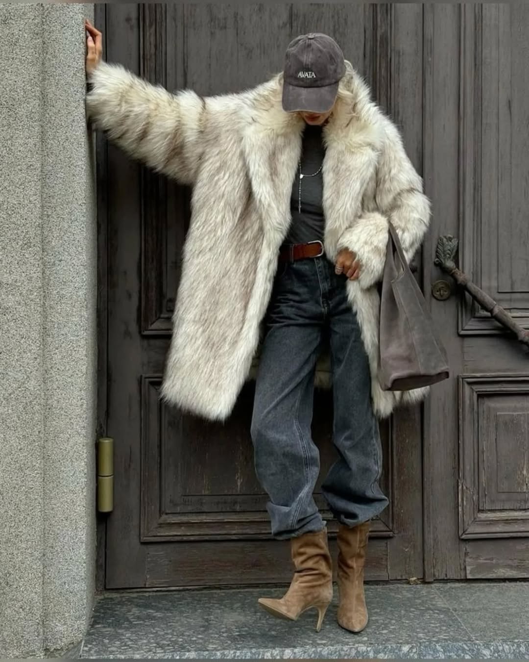 Oversized Cream Faux Fur Coat with Denim and Suede — Shearling Coat Outfits