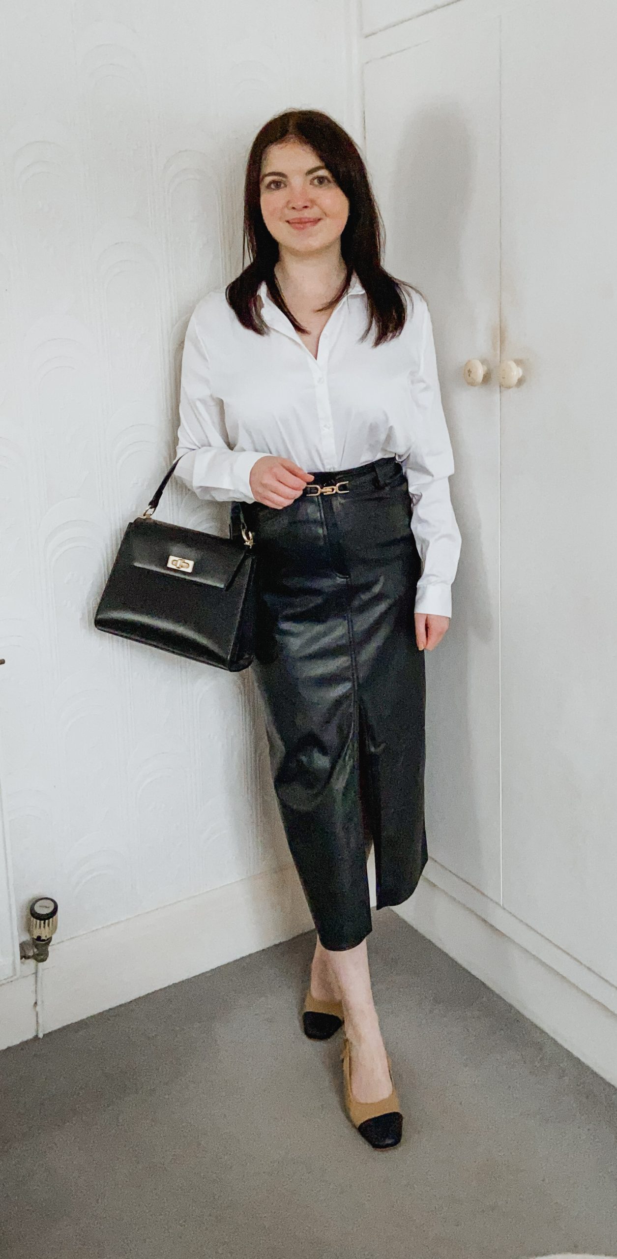 Black Leather Midi Skirt with Gold Hardware and White Shirt Black Leather Midi Skirt with Gold Hardware and White Shirt — Leather Skirt Outfits