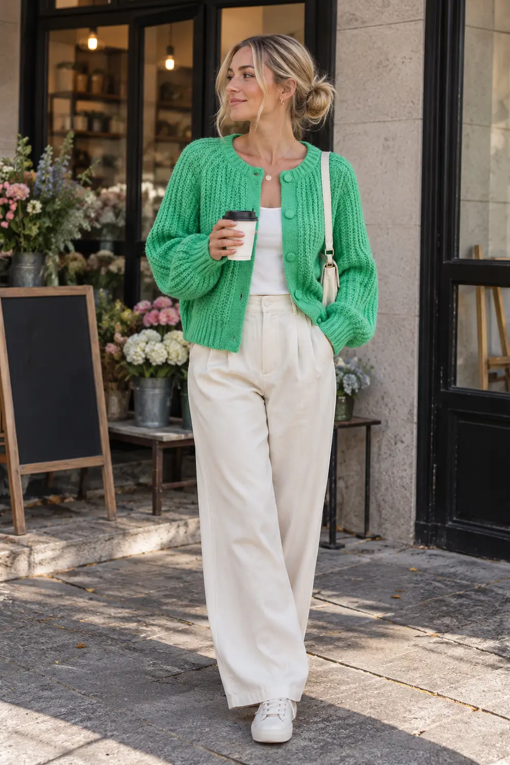 Bright Green Chunky Cardigan with Wide-Leg Trousers and Sneakers — Cardigan Outfits