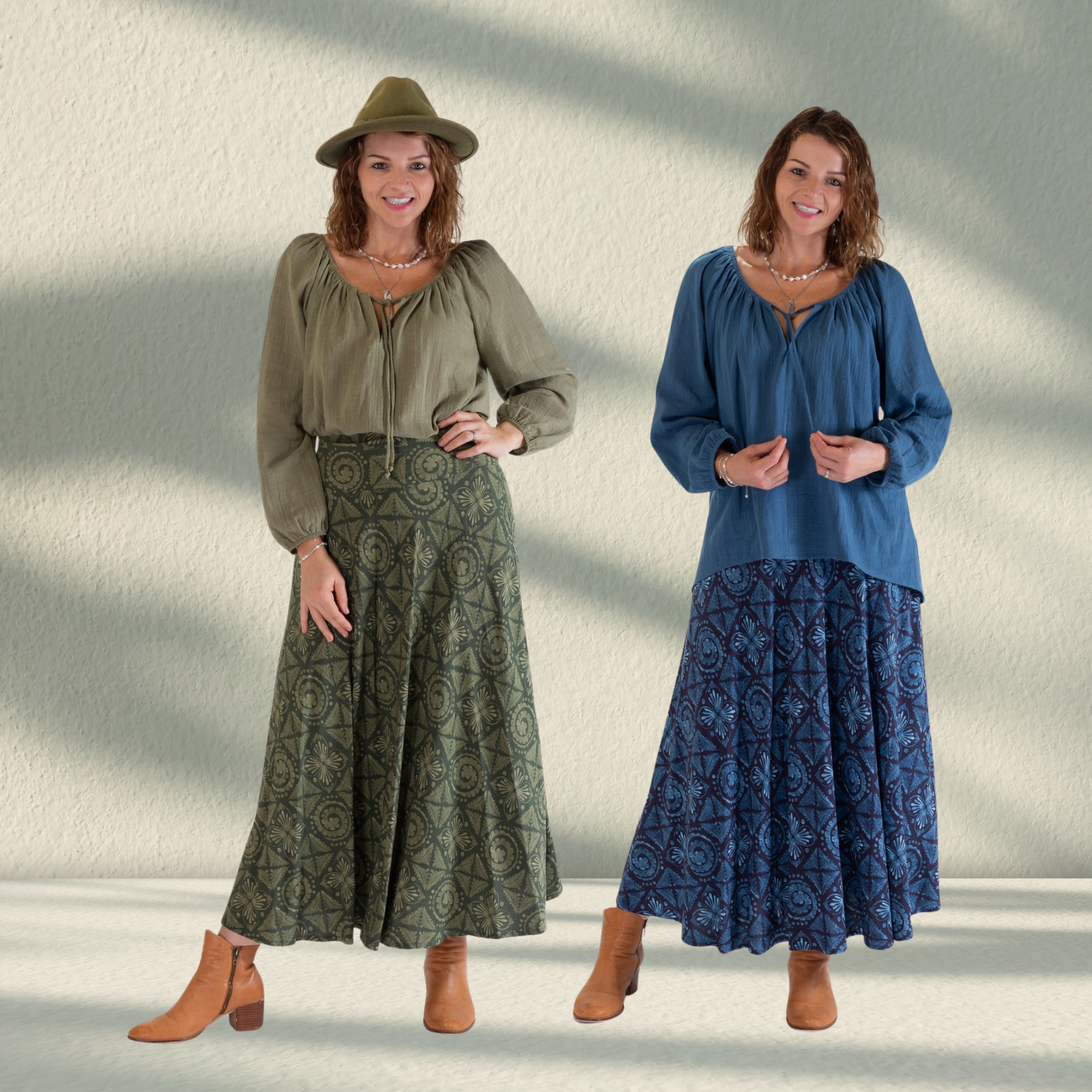 Peasant Blouses with Patterned Maxi Skirts and Ankle Boots — Boho Winter Outfits