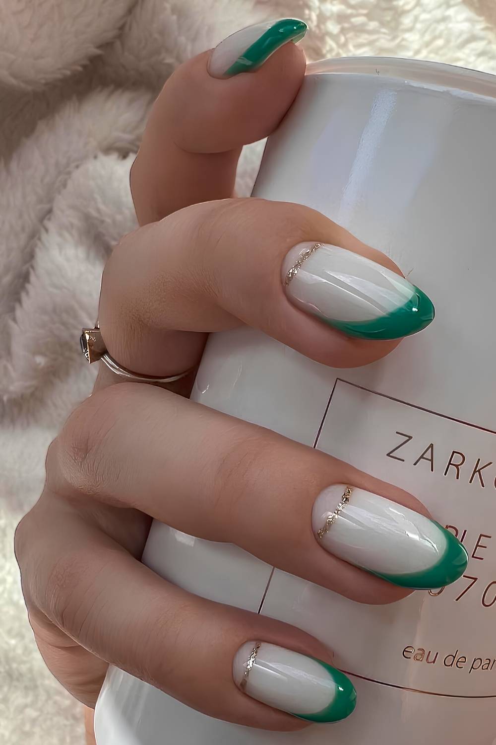 Emerald Green French Tip with Silver Glitter — Winter Nail Colors for Women Over 70
